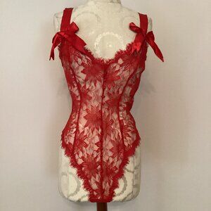 Vintage Victoria's Secret Red Lace Teddy 90s Gold Label Sheer Bodysuit SMALL